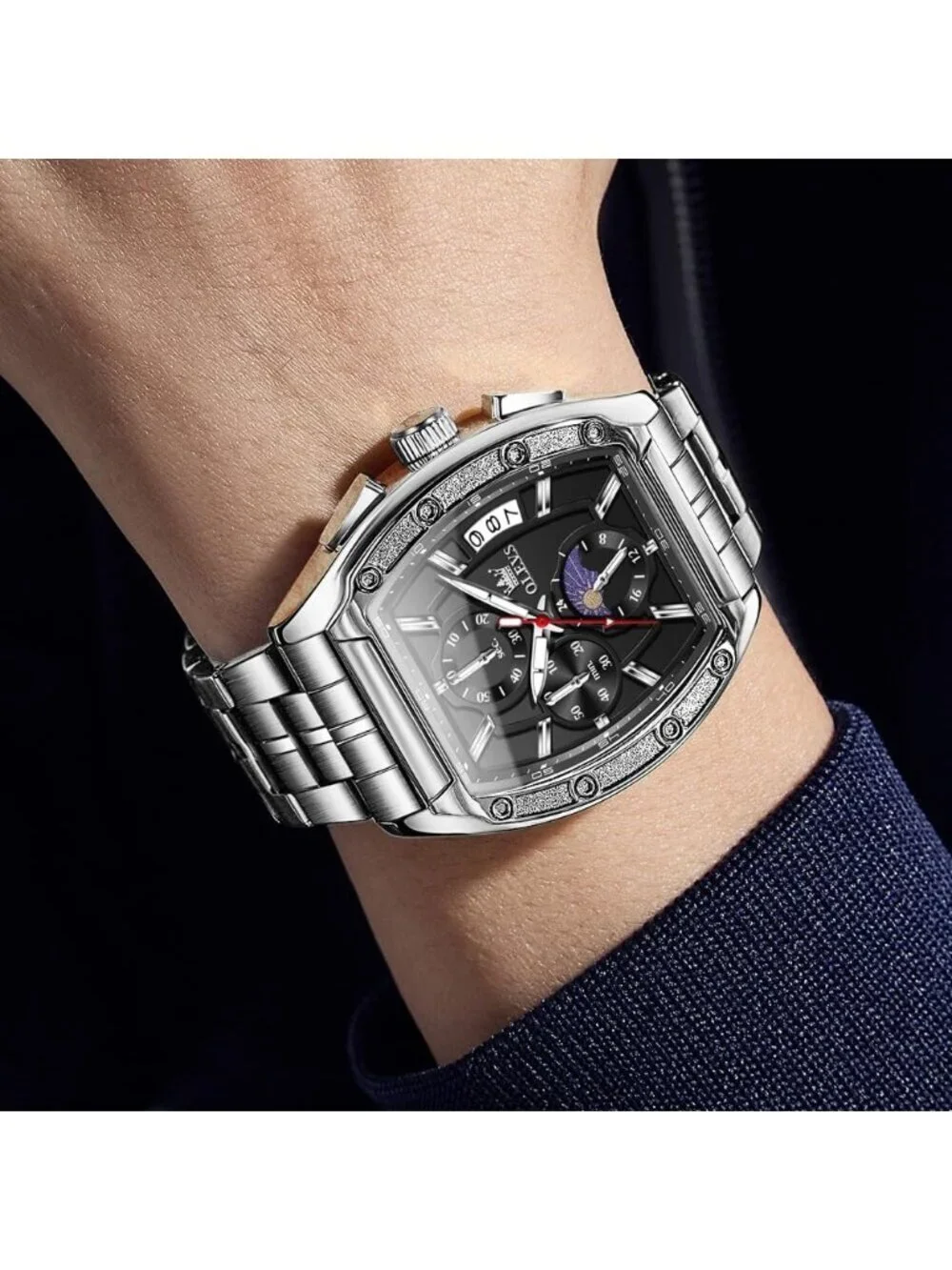 Men's Silver Chronograph Rectangle Stainless Steel Luminous Quartz Classic Watch